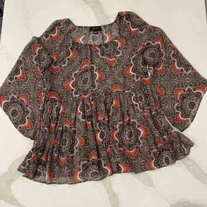 AB Studio Floral Paisley Sheer Blouse Boho Flared Sleeve Women's Large Hippie